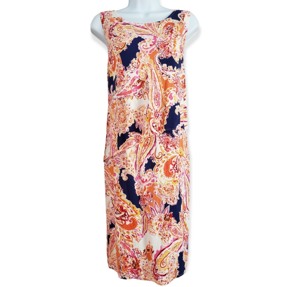 NWOT J. Jill pink orange & navy blue layered shift sheath dress Womens Large
